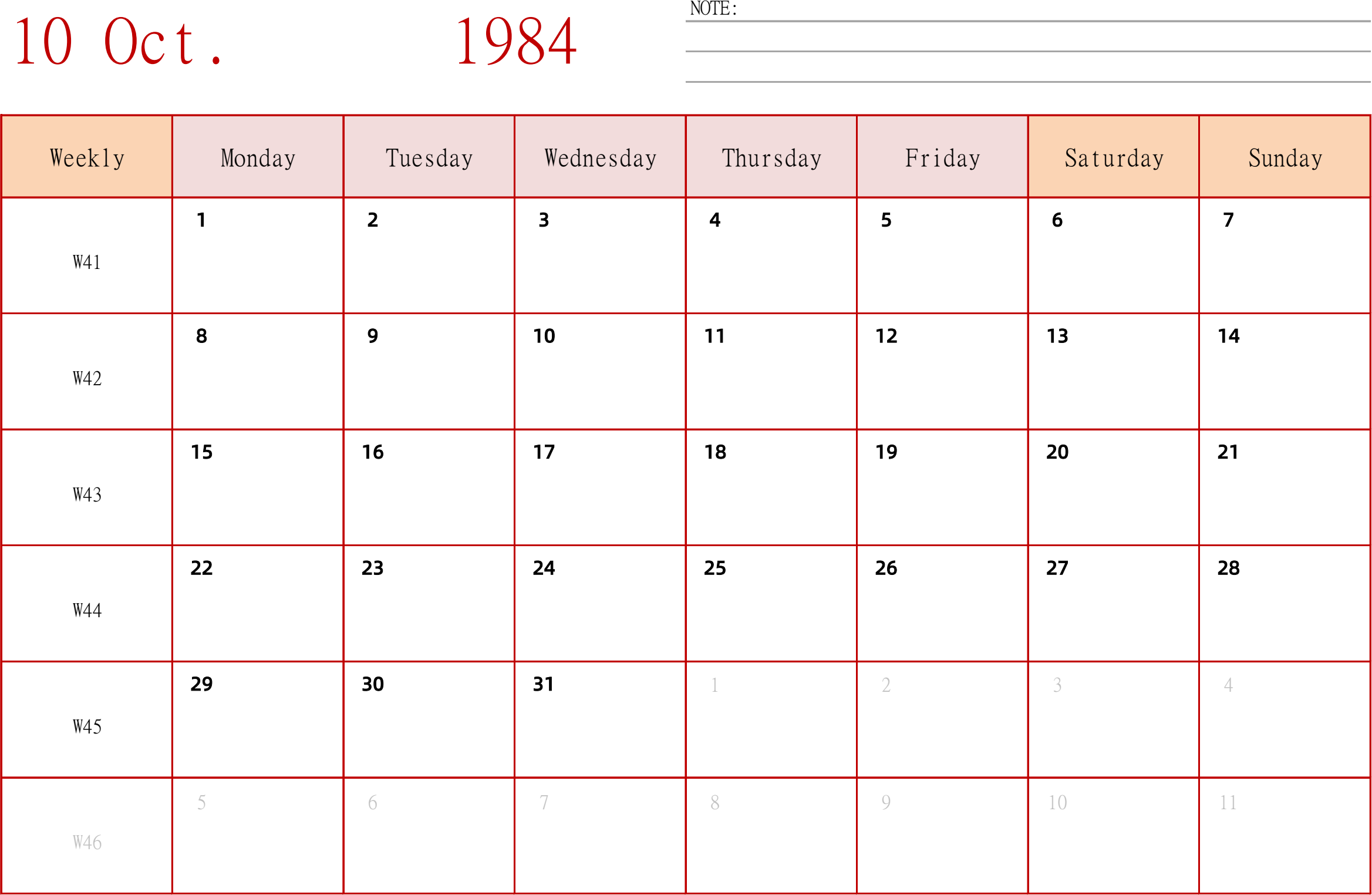 日历表1984年日历 英文版 横向排版 周一开始 带周数